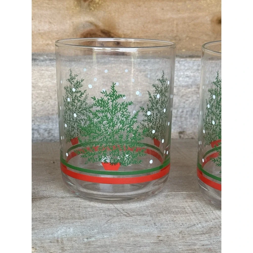 5 Vintage Libbey Christmas tree snow‎ dots double old fashioned glass tumblers